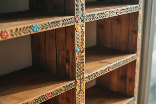 Close up of a rustic wooden bookshelf with colorful decorative accents on the edges