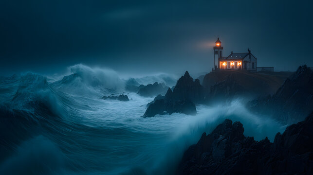 Dramatic Stormy Night at a Coastal Lighthouse with Crashing Waves - Powered by Adobe