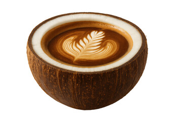 Half coconut shell holding latte art coffee with tropical flavor, creating a natural and unconventional beverage concept
