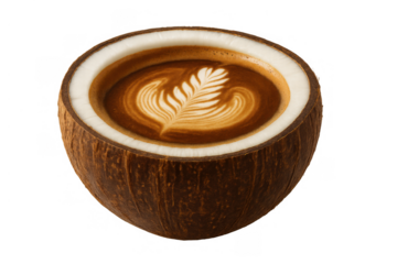 Half coconut shell holding latte art coffee with tropical flavor, creating a natural and unconventional beverage concept