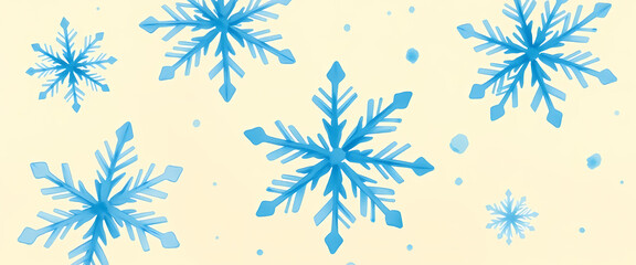 Cool watercolor snowflakes painted in layered blues, overlapping on a pale wash background.
