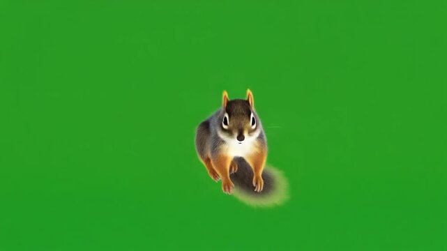 A squirrel jumping and chasing a nut on a green screen