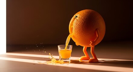 An orange character is pouring orange juice into a glass, creating a refreshing and playful scene with a warm, inviting light