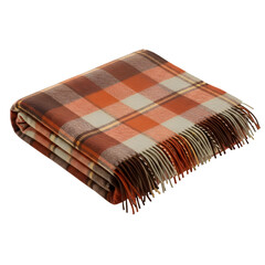 Folded Plaid Blanket with Fringe in Orange Brown and Cream Colors on Black Background tartan isolated on a transparent background