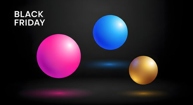 Black Friday Sale Banner: 3D Floating Sphere Background with Neon Pink, Blue, and Gold Gradient Balls - Powered by Adobe