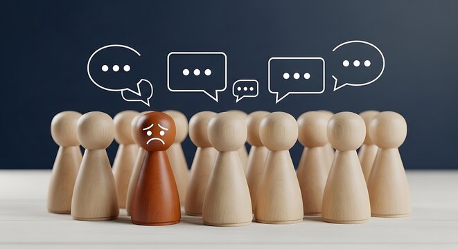 Conceptual image of a sad brown wooden figure standing out from a group of white figures, representing social exclusion