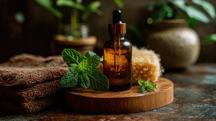 Aromatherapy oil and mint leaves for natural skincare