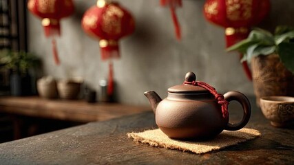 A brown ceramic teapot with a red cord on its lid sits on a burlap mat on a dark wood table with blurred red lanterns hanging in the background - Powered by Adobe