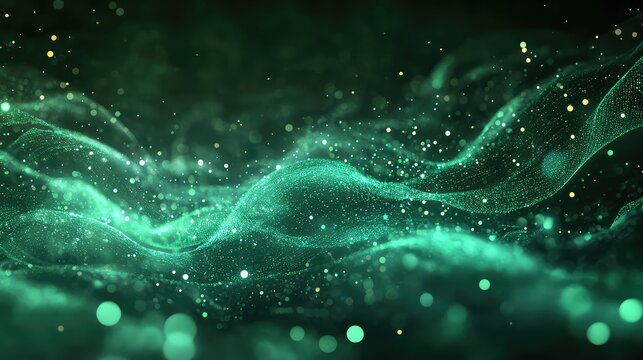 Green digital wave creating flowing network data particles - Powered by Adobe