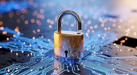 Padlock on a circuit board representing cybersecurity, data protection, and network security in the digital age