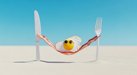 Sunny side up egg relaxing in a bacon hammock on a sandy beach under a clear blue sky, a whimsical food vacation scene