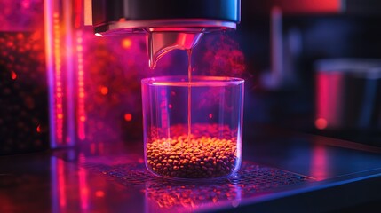 Futuristic espresso coffee maker brewing neon steam