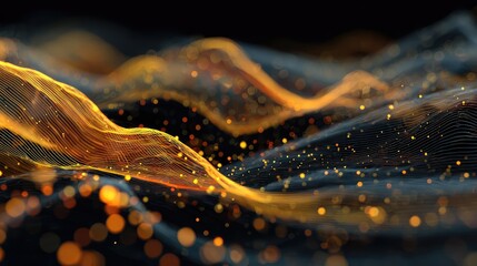 Abstract flowing waves with glowing particles representing data