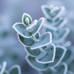 Close up of frosted leaves on plant in winter with ice crystal formations