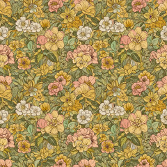 Floral pattern seamless design with flowers in vintage style and pastel colors