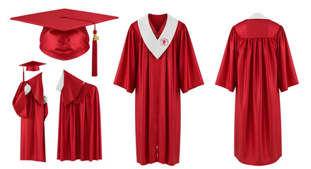 Graduation Caps Gowns and Scrolls in Red with White Collars and Tassels diploma isolated on a transparent background