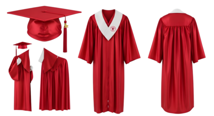 Graduation Caps Gowns and Scrolls in Red with White Collars and Tassels diploma isolated on a transparent background