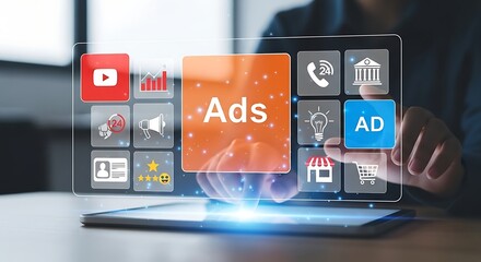 Businessman using digital tablet to create online advertising campaign and marketing strategy to promote products and services for business growth