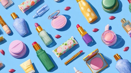 Beauty products flat lay makeup skincare cosmetics glamour