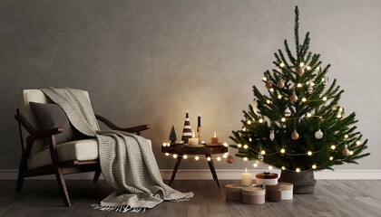 Cozy Christmas scene with decorated tree, warm candles, gifts, and comfortable armchair, perfect for holiday promotions and winter decor