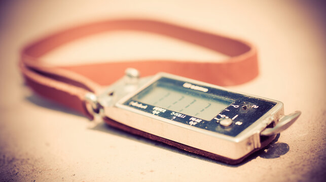 pedometer. Vintage mechanical pedometer clipped to a leather belt, detailed metal casing in soft daylight. lifestyle magazines.