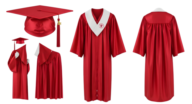 Graduation Caps Gowns and Scrolls in Red with White Collars and Tassels diploma isolated on a transparent background