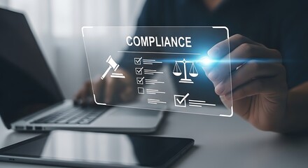 Businessman using laptop with compliance regulation law concept, showing compliance rules law and standard certification