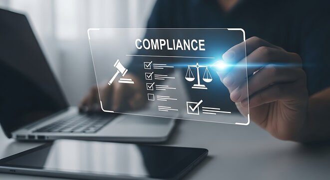 Businessman using laptop with compliance regulation law concept, showing compliance rules law and standard certification