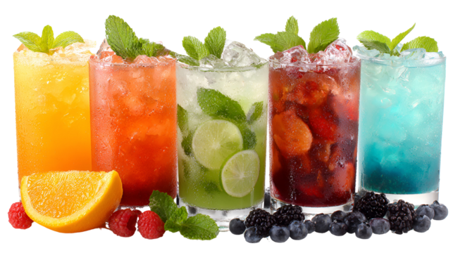 Assortment of colorful refreshing cocktails with fruit and mint isolated on transparent background