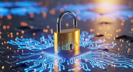 A golden padlock sits atop a computer chip, symbolizing cybersecurity and data protection in the digital age concept