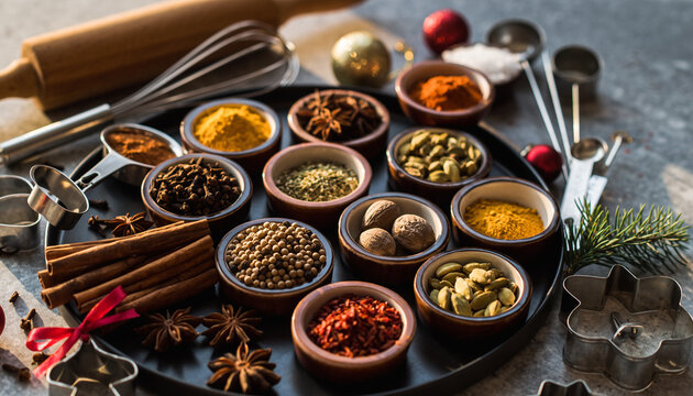 Vibrant holiday baking essentials arrayed elegantly with cinnamon sticks, star anise, and colorful spices ready for festive creations