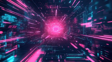 Abstract flying through neon digital data tunnel
