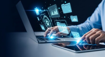 Businessman using laptop and tablet analyzing sales data and economic growth graph on virtual interface, business strategy development concept