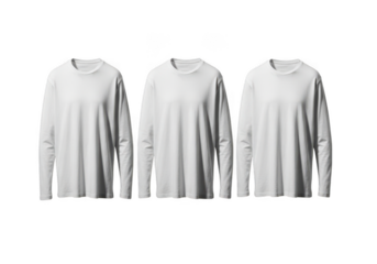 Three white long sleeve t shirts isolated on transparent background
