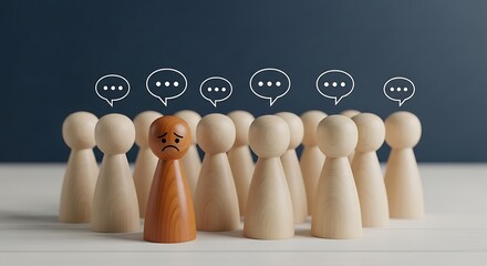 A sad darkskinned wooden figure stands out from the crowd of white figures with speech bubbles