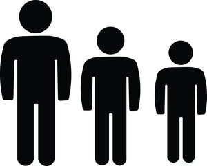 Three black stick figure silhouettes representing different heights or sizes of people standing side by side on a white background