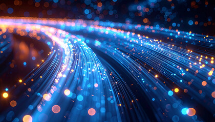 Digital Flow: Captivating display of illuminated fiber optic cables radiating vibrant blue and orange hues, highlighting the essence of digital communication