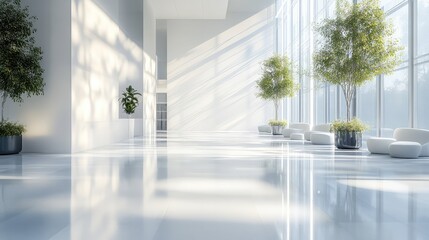 Modern minimalist lobby interior with natural light streaming