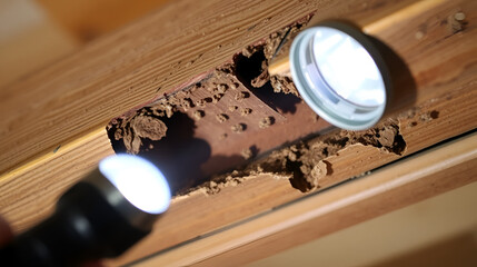 Inspecting Damaged Wooden Beam - A close-up image showcasing a damaged wooden beam, possibly due to wood rot or termite infestation, being inspected using a flashlight. Symbolizes: decay, damage