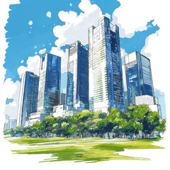 Obraz premium 雲が流れる都市の空、光と風が通り抜けるビル街の景色を、爽やかさと静けさで包んだアート素材