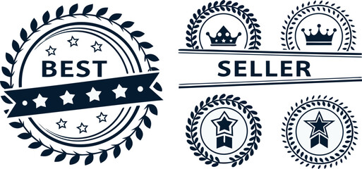 Obraz premium A collection of twelve Best Seller badges arranged in a grid formation against a white background. Each badge is designed with a circular or wreath-like frame, predominantly in a dark blue or navy col