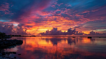 Golden and purple hues fill the sky as waves gently lap against the rocky shore at dusk.