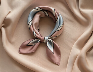 Elegant silk scarf tied in a knot on a luxurious satin fabric background