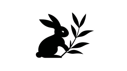 Black rabbit silhouette holding a plant stem with leaves, isolated graphic icon on white background, nature animal symbol