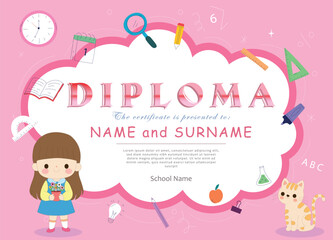 Children's diploma certificate template featuring cute school girl and learning supplies on pink background