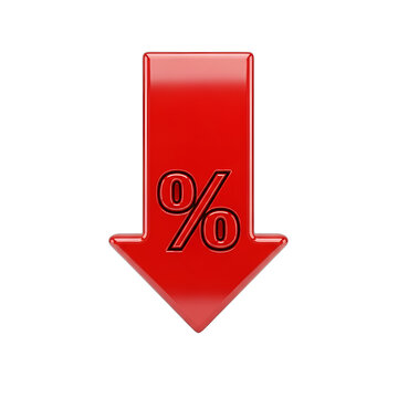 Red glossy 3D arrow with percentage symbol pointing down, representing price drops, sales, discount offers, interest rate cuts, or economic recession. Ideal for financial news, marketing campaigns,