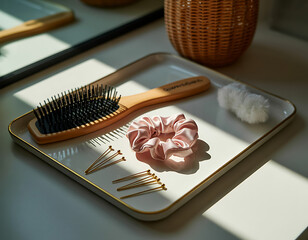 Natural light illuminates a wooden hairbrush scrunchie and hair clips on a decorative tray