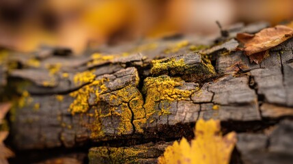 Cracked bark layered with golden moss and scattered leaves sharp textures captured in detail shadows enhancing three-dimensional depth