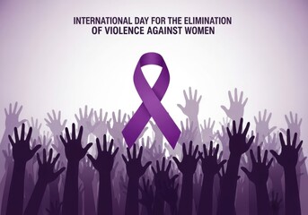 International day for the elimination of violence against women with purple ribbon and raised hands symbolizing solidarity and support for victims