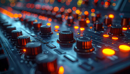 Sound Control Panel: A close-up view of an intricate sound mixing console, showcasing a complex array of knobs and controls illuminated with soft, ambient lighting.